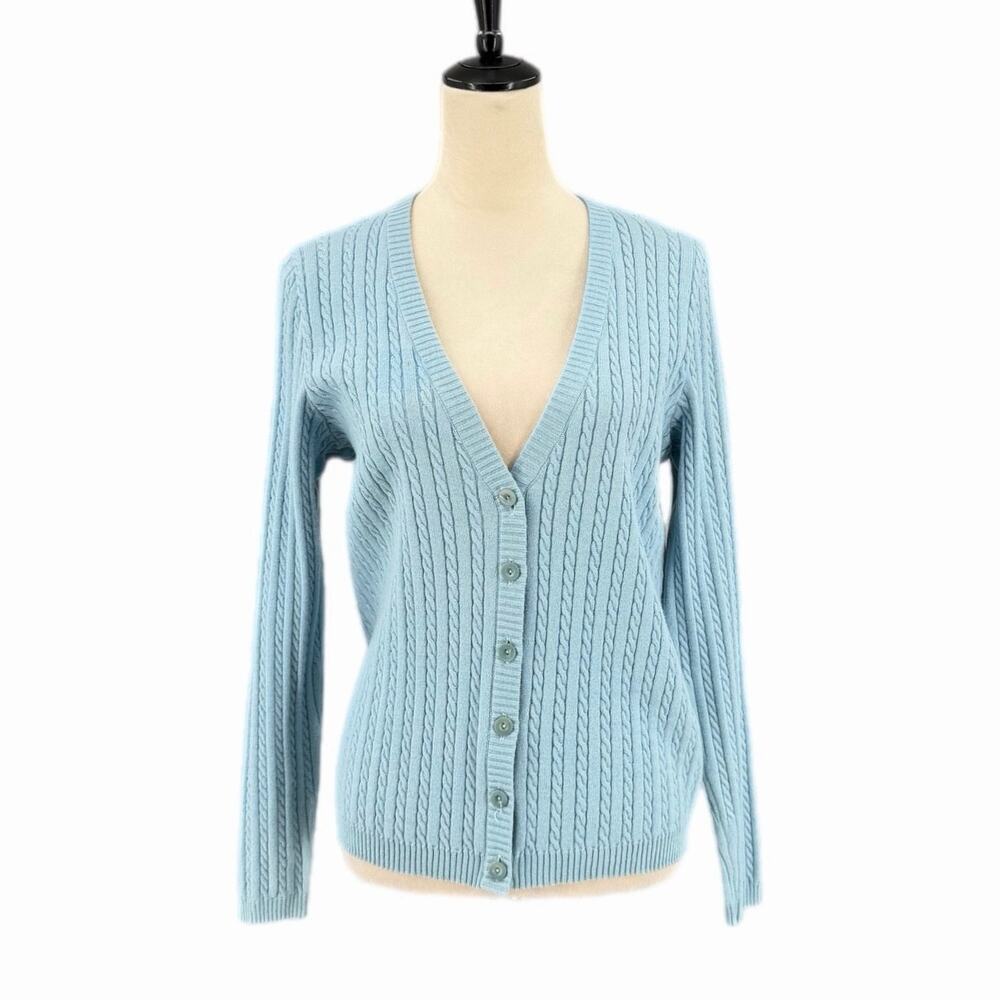 Escada Wool Cashmere Silk Light Blue Cable Knit Preppy Coastal Cardigan Sweater